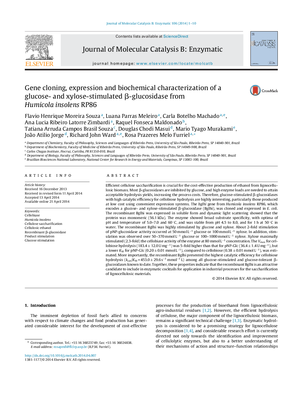 Gene cloning, expression and biochemical characterization of a glucose- and xylose-stimulated β-glucosidase from Humicola insolens RP86