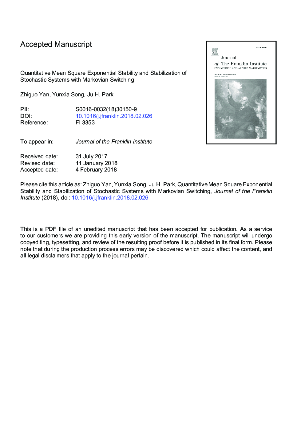 عکس صفحه اول مقاله: Quantitative mean square exponential stability and stabilization of stochastic systems with Markovian switching Quantitative mean square exponential stability and stabilization of stochastic systems with Markovian switching