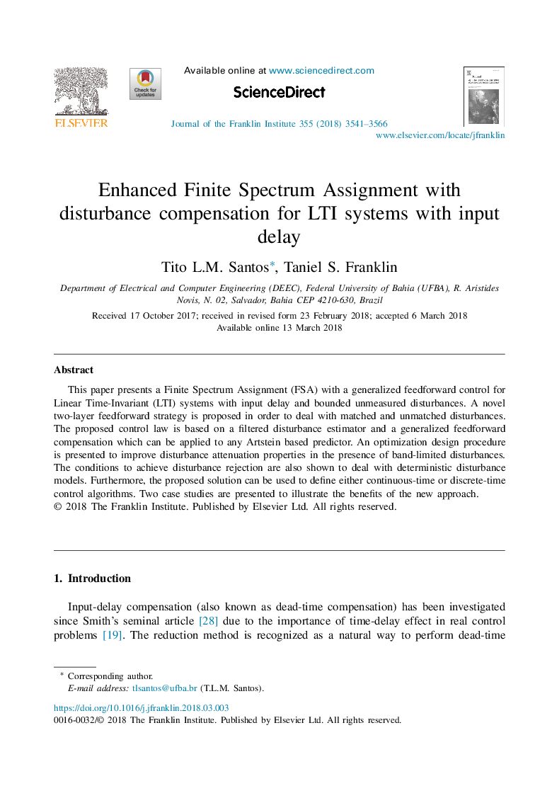 عکس صفحه اول مقاله: Enhanced Finite Spectrum Assignment with disturbance compensation for LTI systems with input delay Enhanced Finite Spectrum Assignment with disturbance compensation for LTI systems with input delay