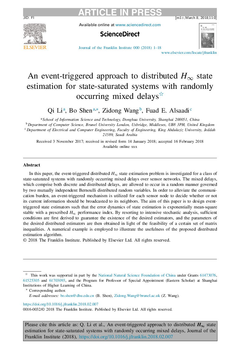 عکس صفحه اول مقاله: An event-triggered approach to distributed Hâ state estimation for state-saturated systems with randomly occurring mixed delays An event-triggered approach to distributed Hâ state estimation for state-saturated systems with randomly occurring mixed delays