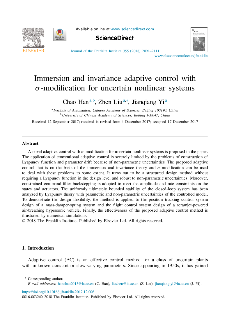 Immersion and invariance adaptive control with Ï-modification for uncertain nonlinear systems