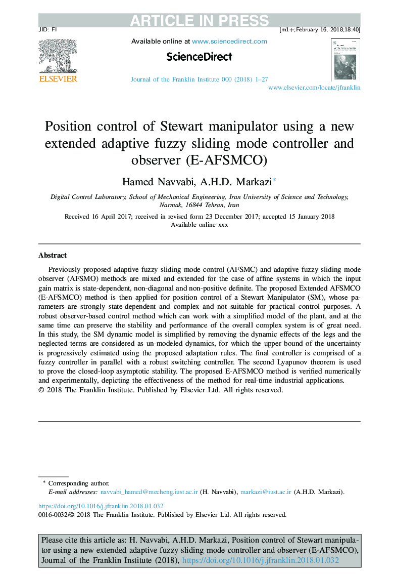 Position control of Stewart manipulator using a new extended adaptive fuzzy sliding mode controller and observer (E-AFSMCO)