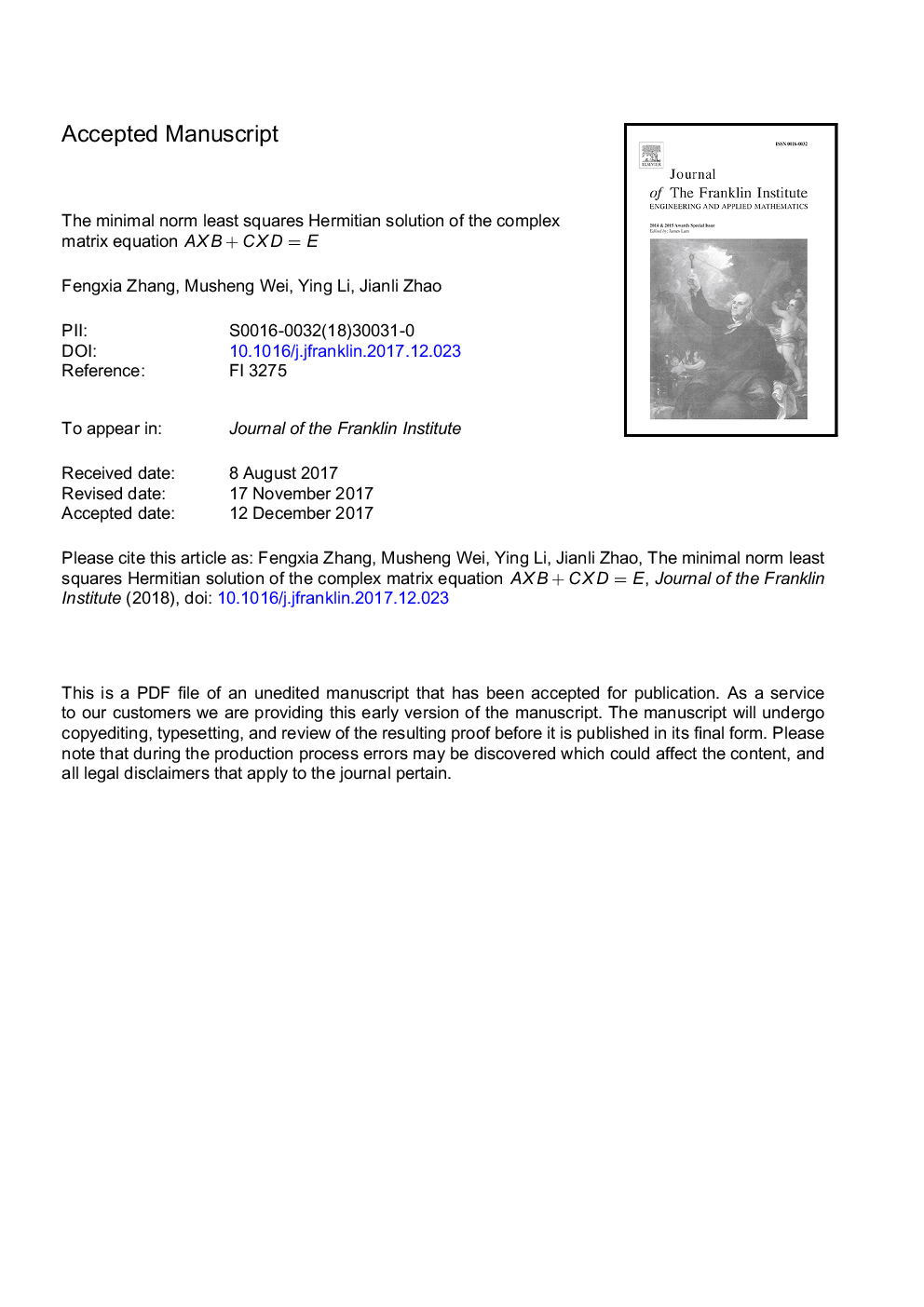 عکس صفحه اول مقاله: The minimal norm least squares Hermitian solution of the complex matrix equation AXB+CXD=E The minimal norm least squares Hermitian solution of the complex matrix equation AXB+CXD=E