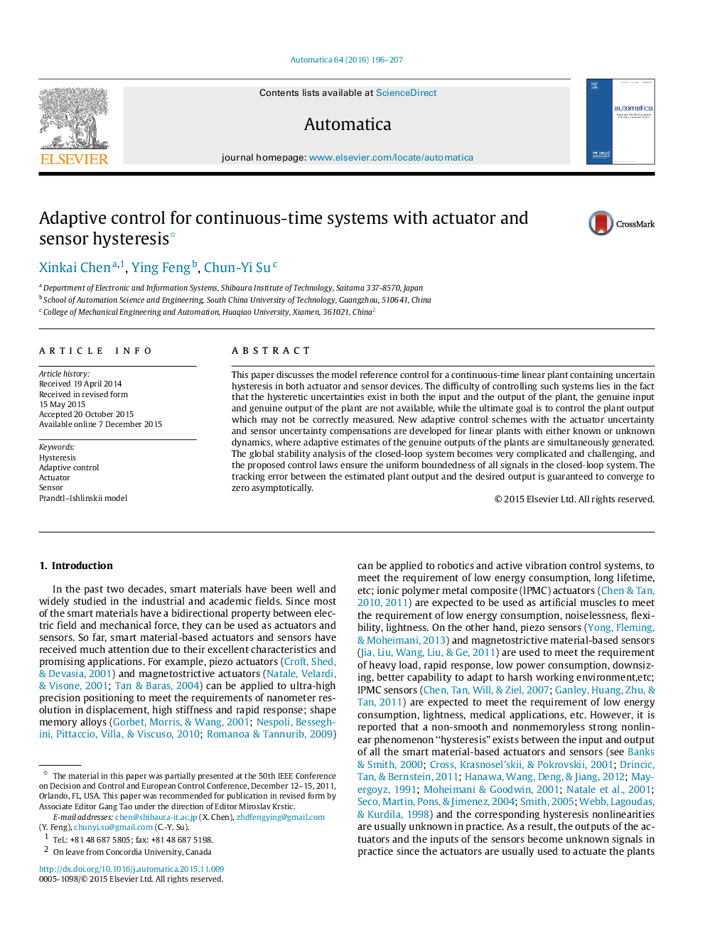 Adaptive control for continuous-time systems with actuator and sensor hysteresis 