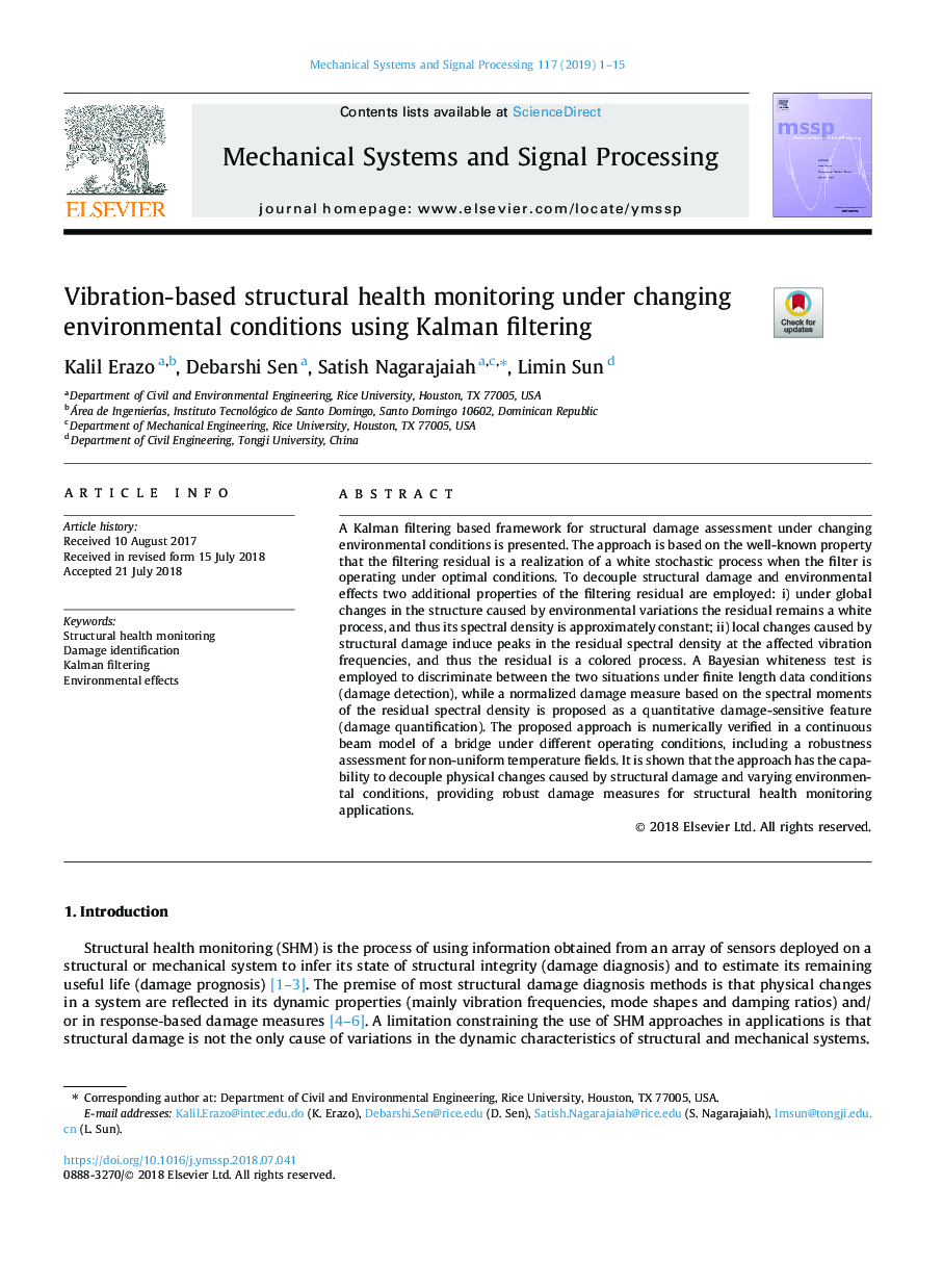 Vibration-based structural health monitoring under changing environmental conditions using Kalman filtering