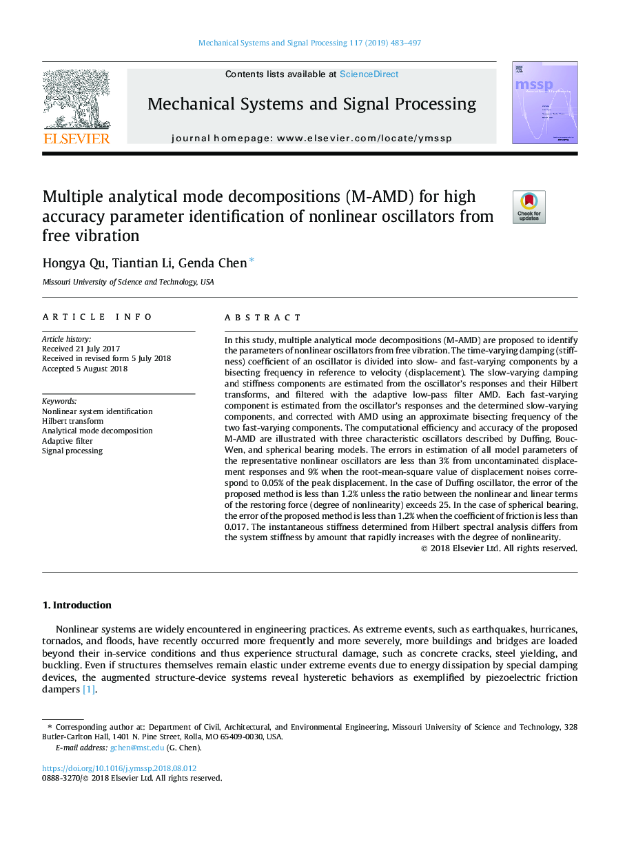 Multiple analytical mode decompositions (M-AMD) for high accuracy parameter identification of nonlinear oscillators from free vibration