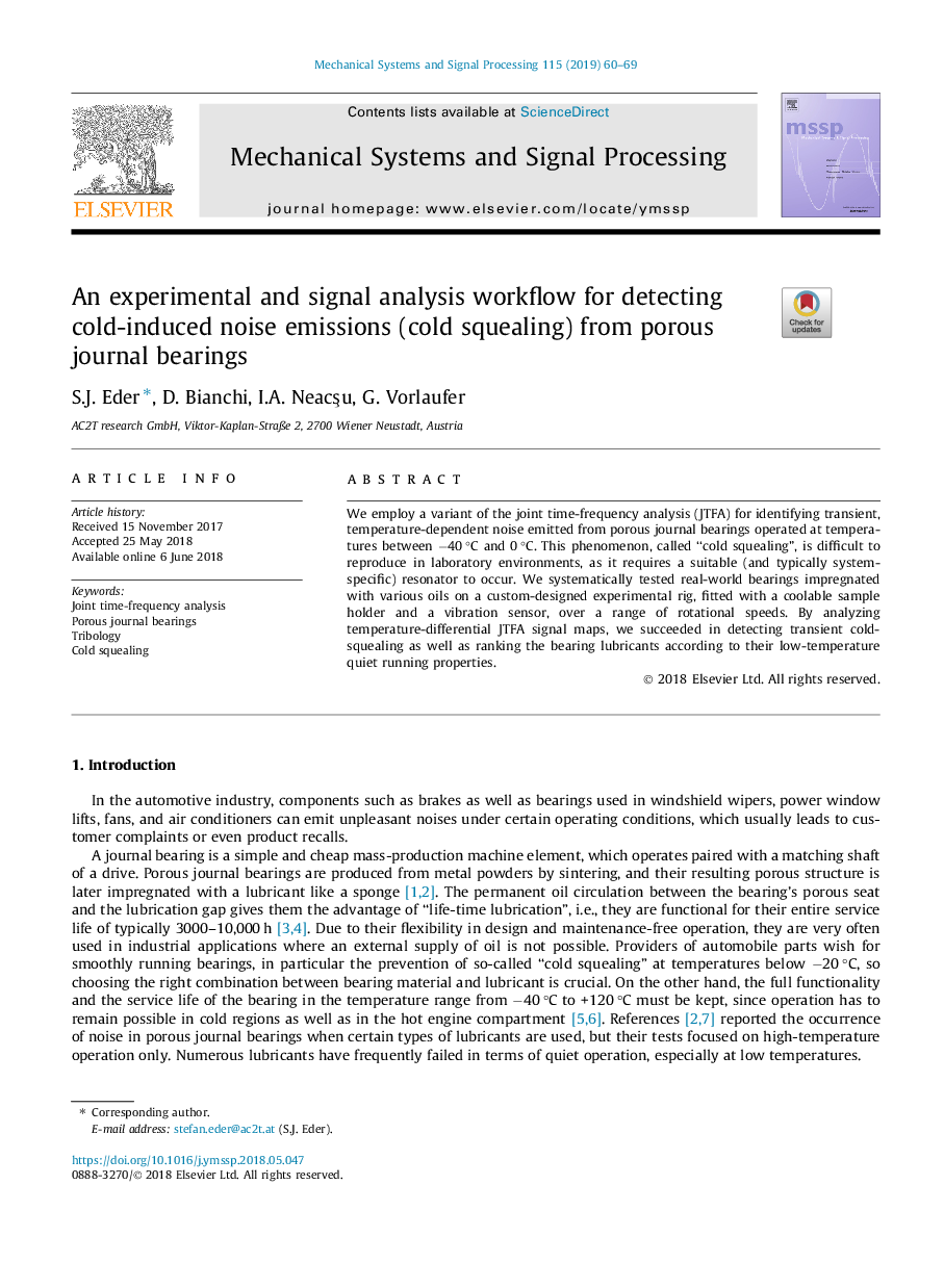 An experimental and signal analysis workflow for detecting cold-induced noise emissions (cold squealing) from porous journal bearings