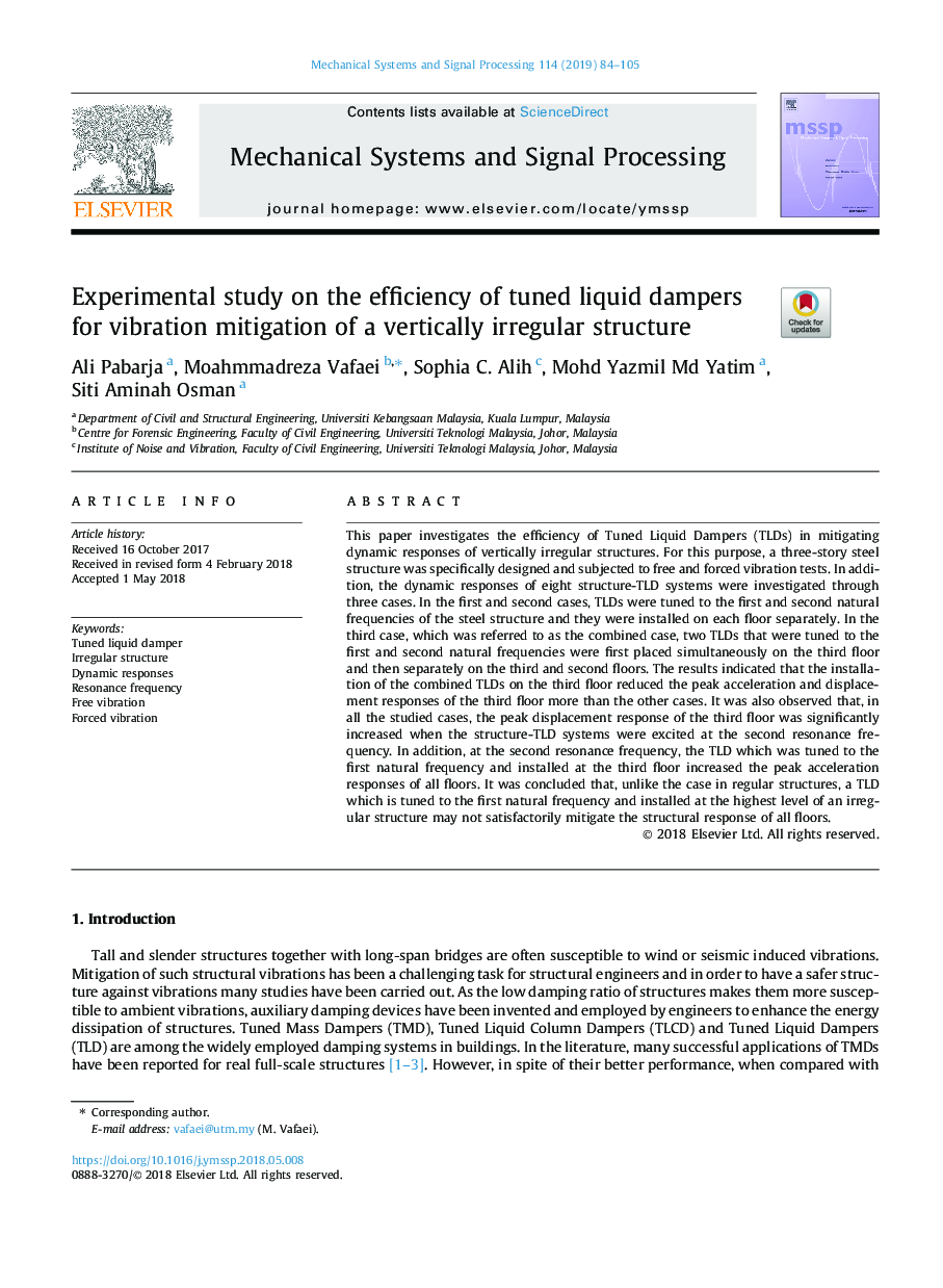 Experimental study on the efficiency of tuned liquid dampers for vibration mitigation of a vertically irregular structure