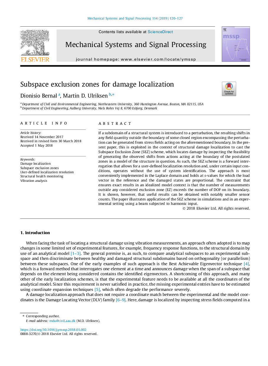 Subspace exclusion zones for damage localization