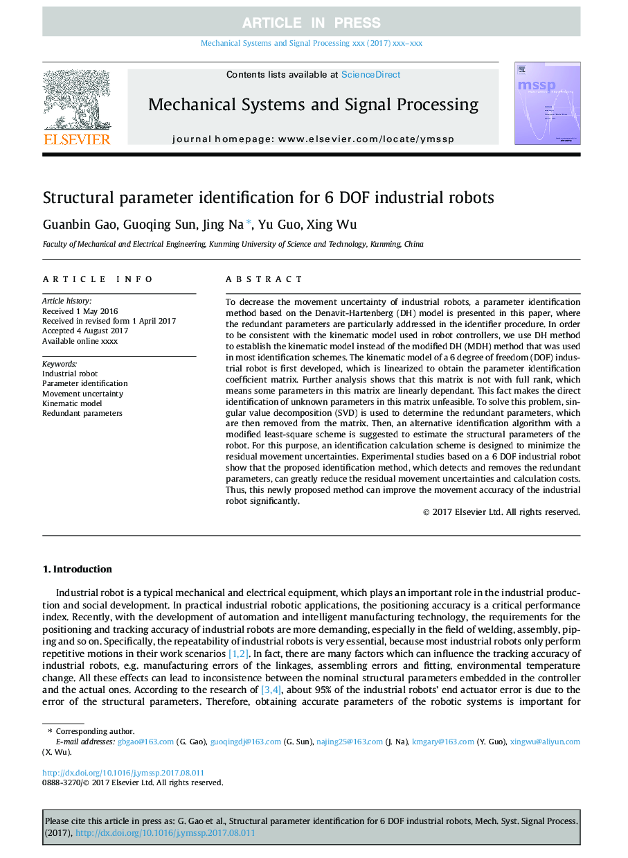 Structural parameter identification for 6 DOF industrial robots