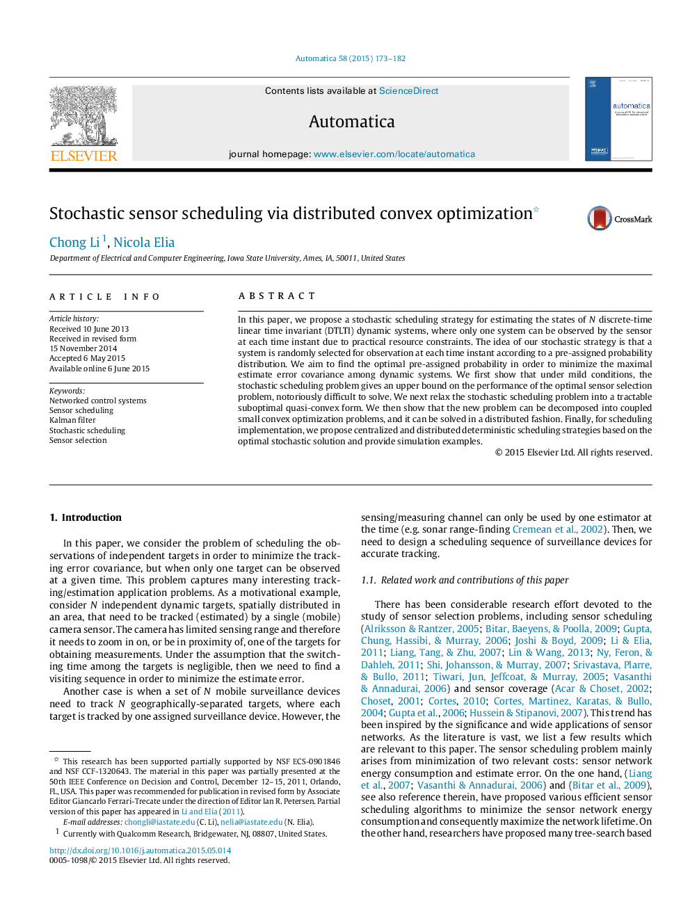 Stochastic sensor scheduling via distributed convex optimization