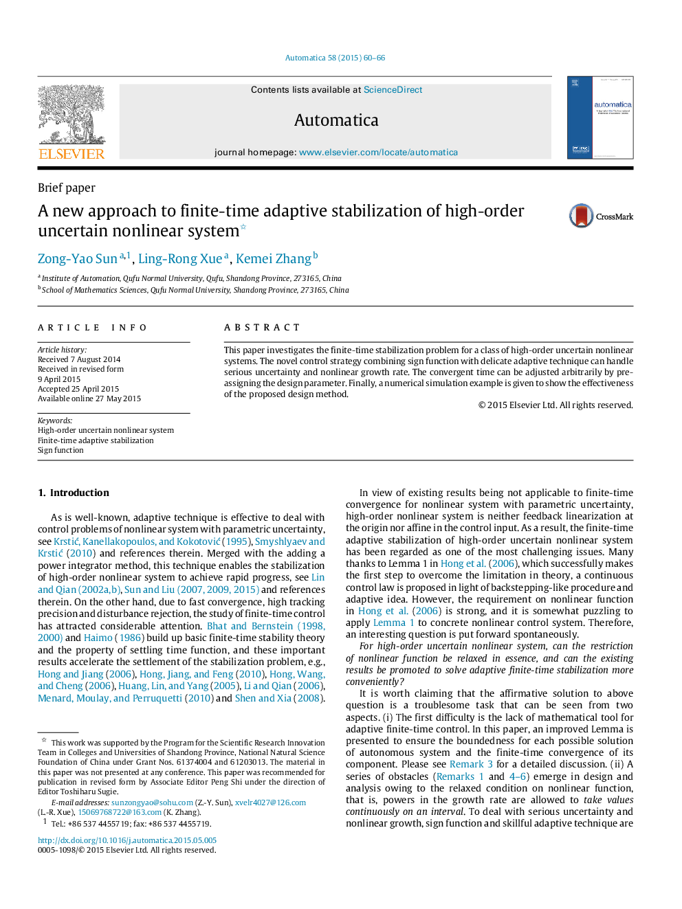 A new approach to finite-time adaptive stabilization of high-order uncertain nonlinear system 