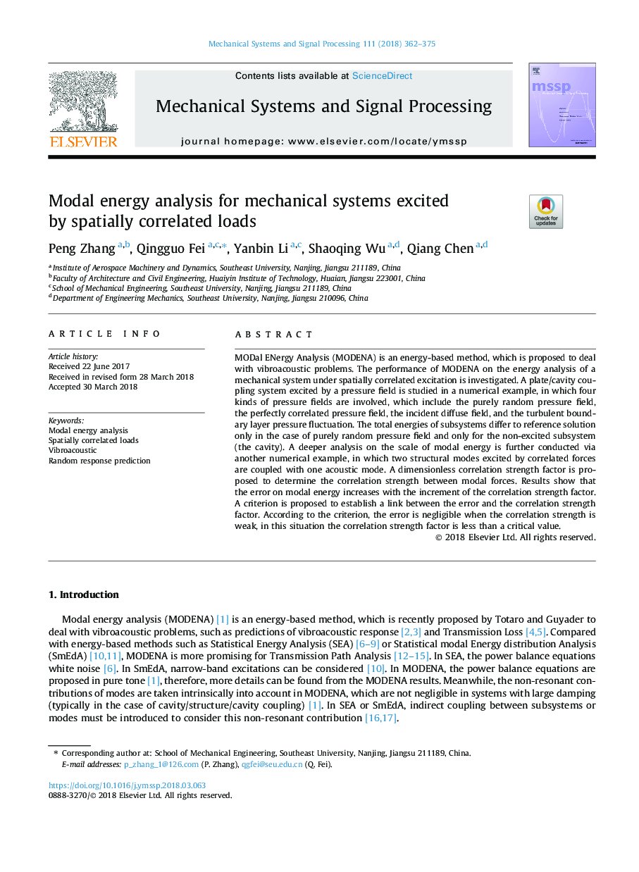 Modal energy analysis for mechanical systems excited by spatially correlated loads