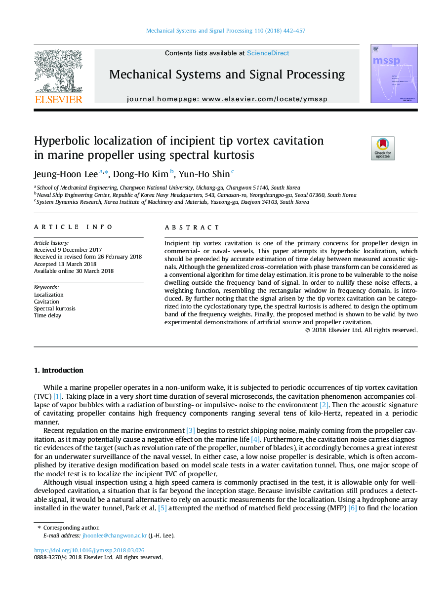 Hyperbolic localization of incipient tip vortex cavitation in marine propeller using spectral kurtosis