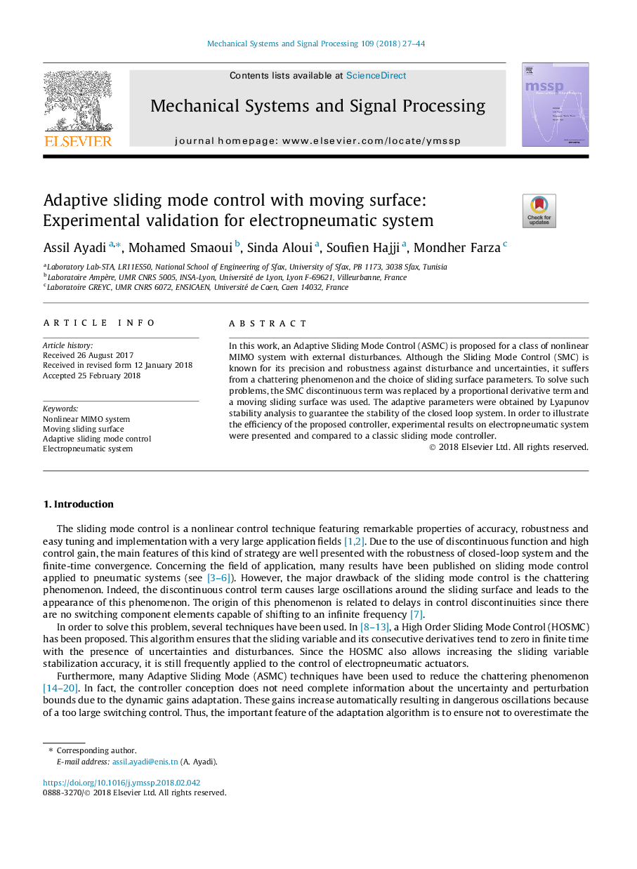 Adaptive sliding mode control with moving surface: Experimental validation for electropneumatic system