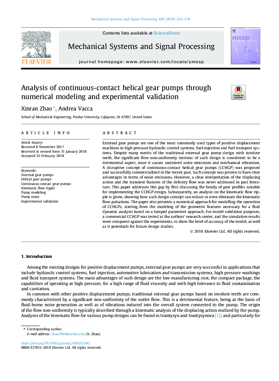 Analysis of continuous-contact helical gear pumps through numerical modeling and experimental validation