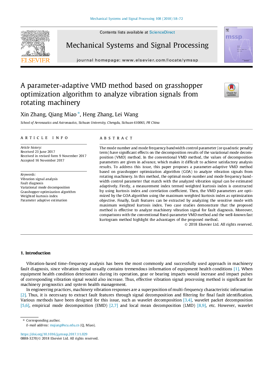 A parameter-adaptive VMD method based on grasshopper optimization algorithm to analyze vibration signals from rotating machinery