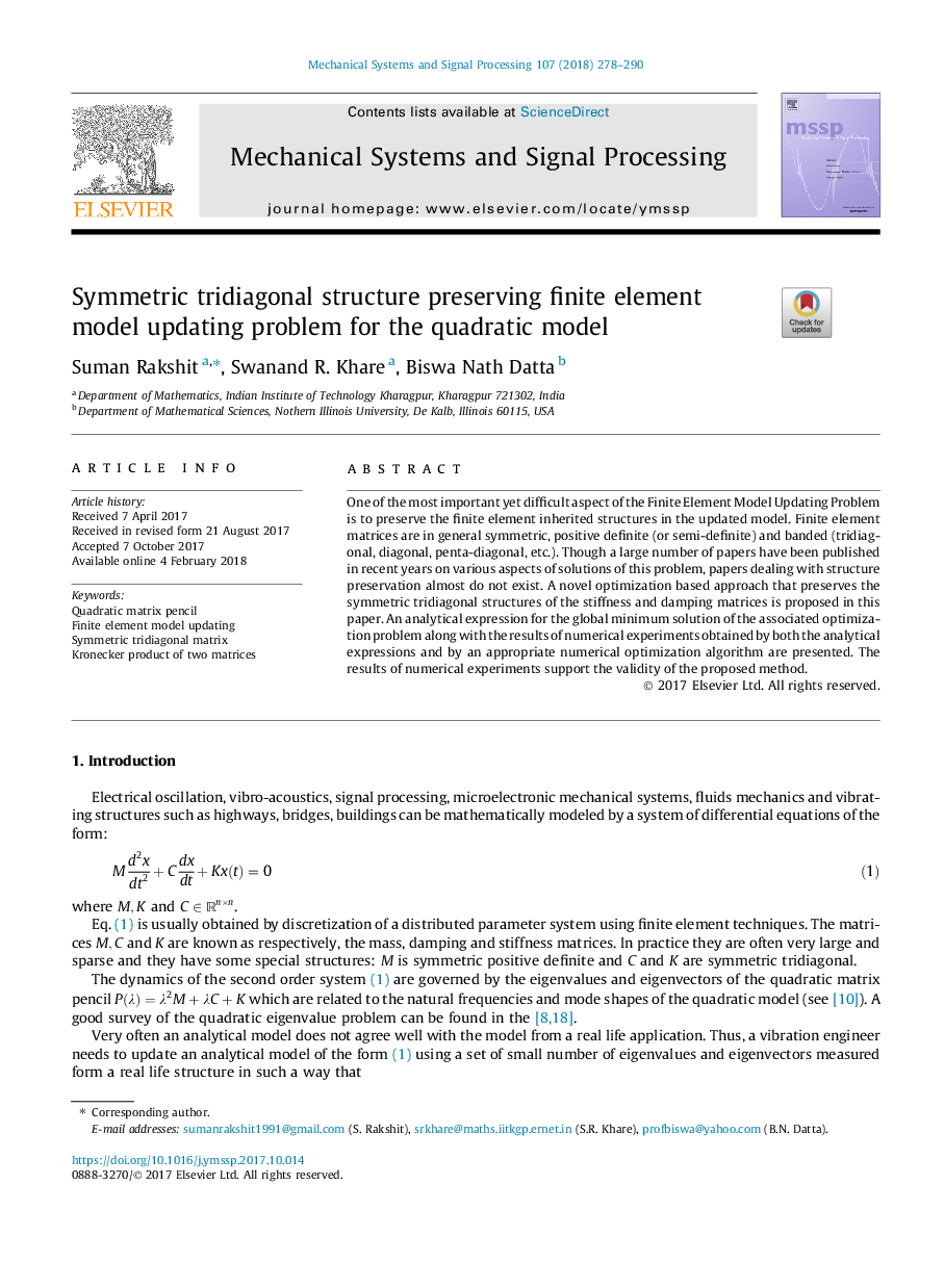 Symmetric tridiagonal structure preserving finite element model updating problem for the quadratic model