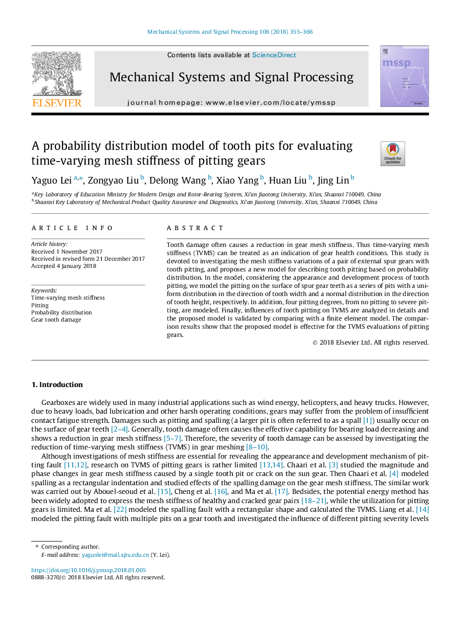 A probability distribution model of tooth pits for evaluating time-varying mesh stiffness of pitting gears