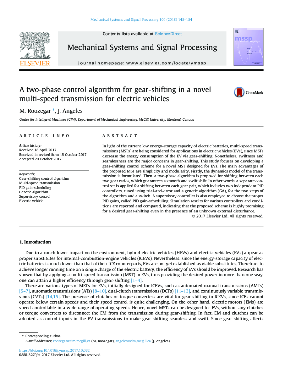 A two-phase control algorithm for gear-shifting in a novel multi-speed transmission for electric vehicles