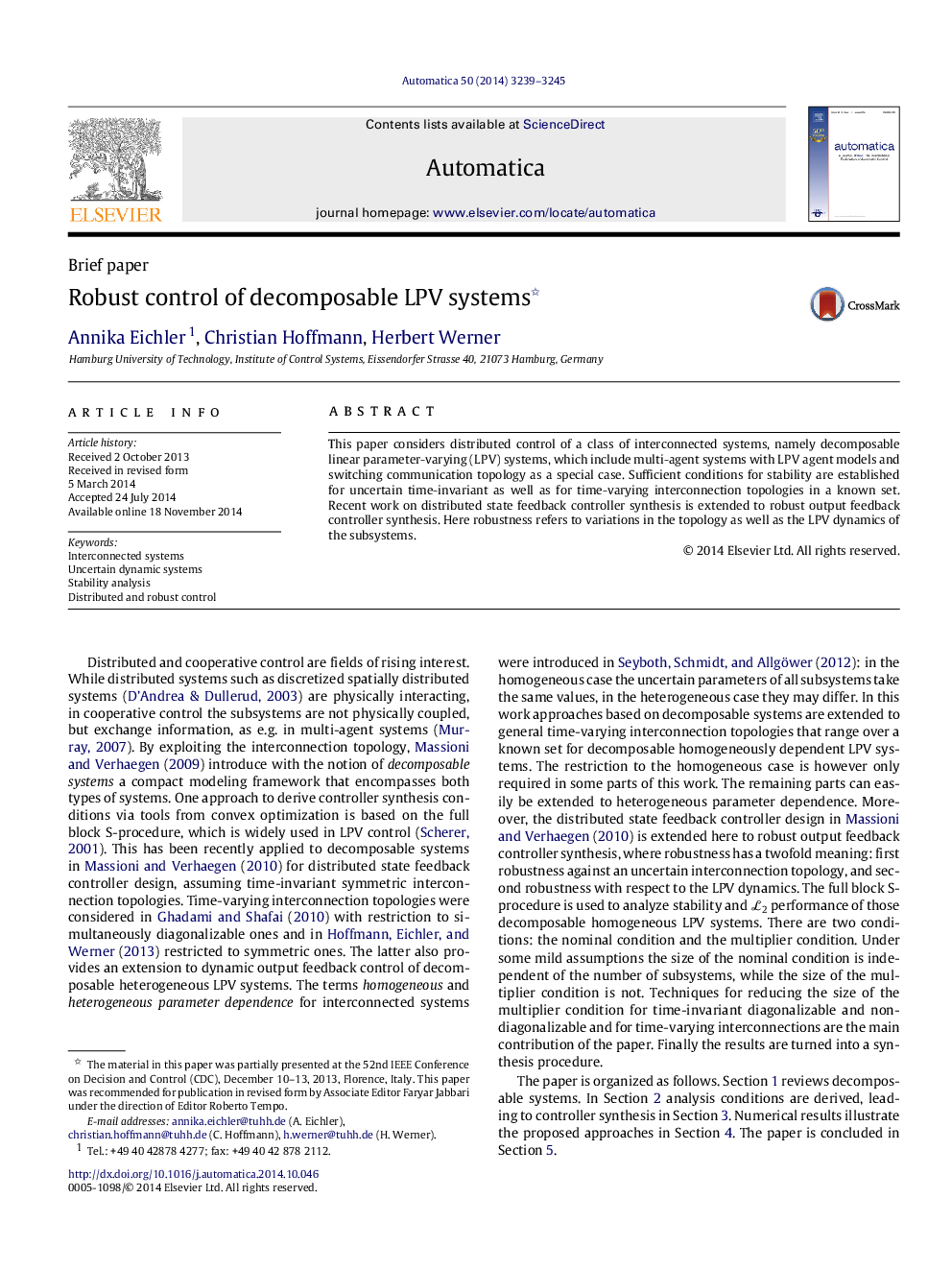 Robust control of decomposable LPV systems 