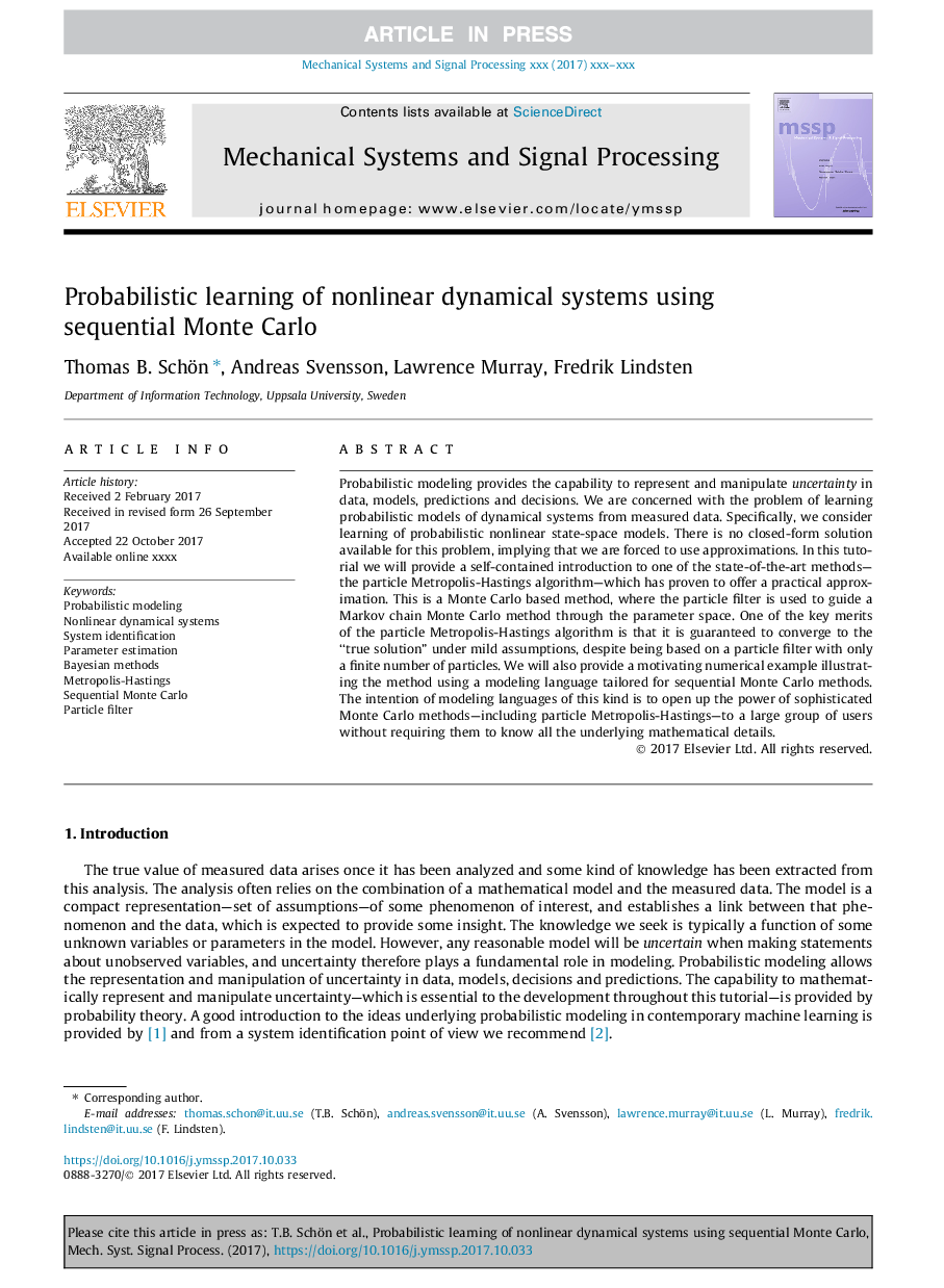 یادگیری احتمالی سیستم های دینامیکی غیرخطی با استفاده از مونت کارلو پیوسته 