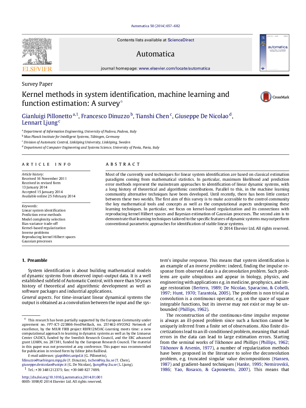 Kernel methods in system identification, machine learning and function estimation: A survey 