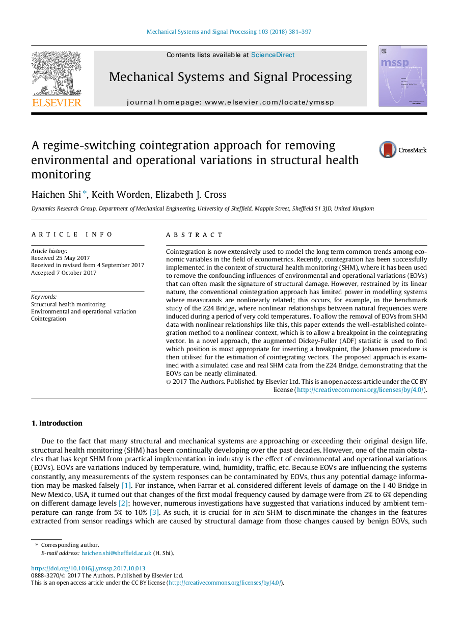 A regime-switching cointegration approach for removing environmental and operational variations in structural health monitoring