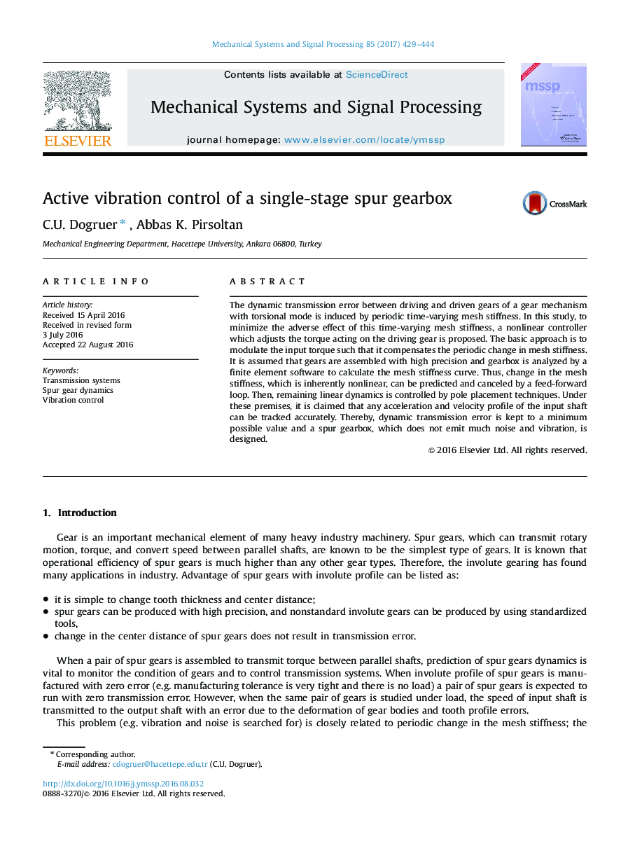 Active vibration control of a single-stage spur gearbox