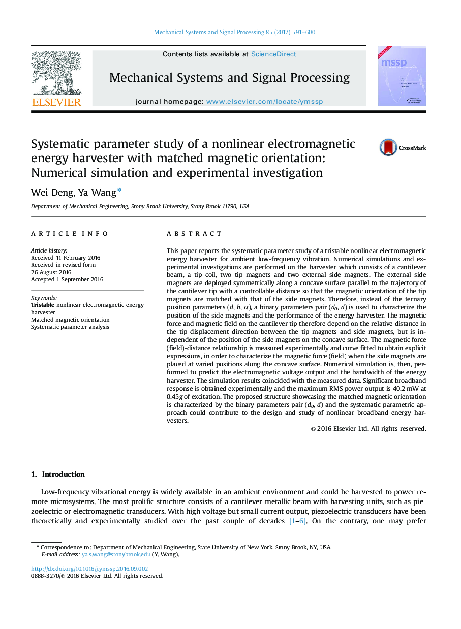 Systematic parameter study of a nonlinear electromagnetic energy harvester with matched magnetic orientation: Numerical simulation and experimental investigation