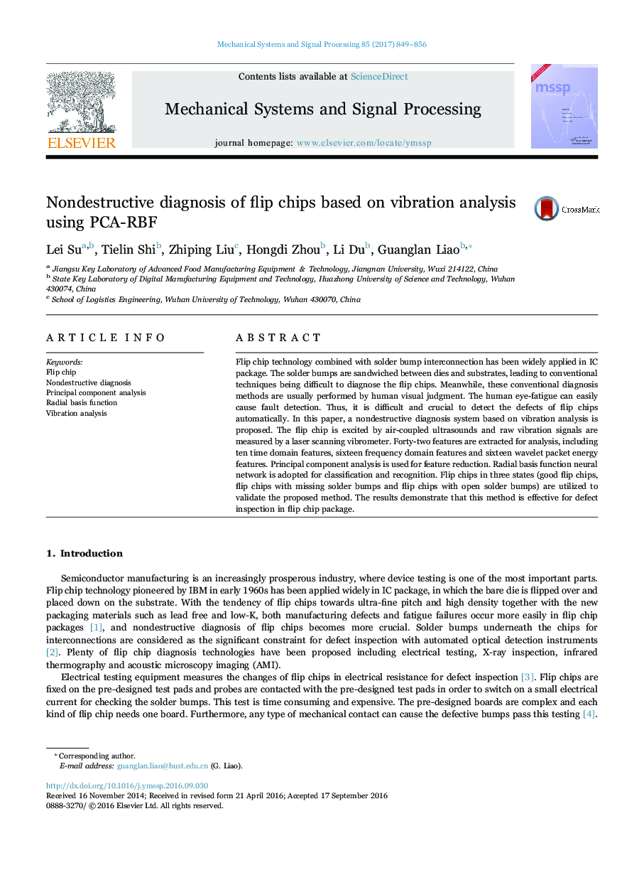 Nondestructive diagnosis of flip chips based on vibration analysis using PCA-RBF