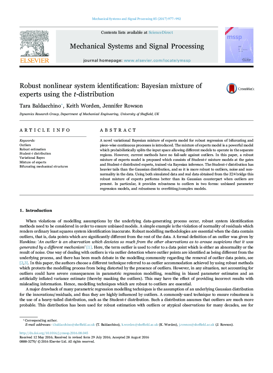 Robust nonlinear system identification: Bayesian mixture of experts using the t-distribution