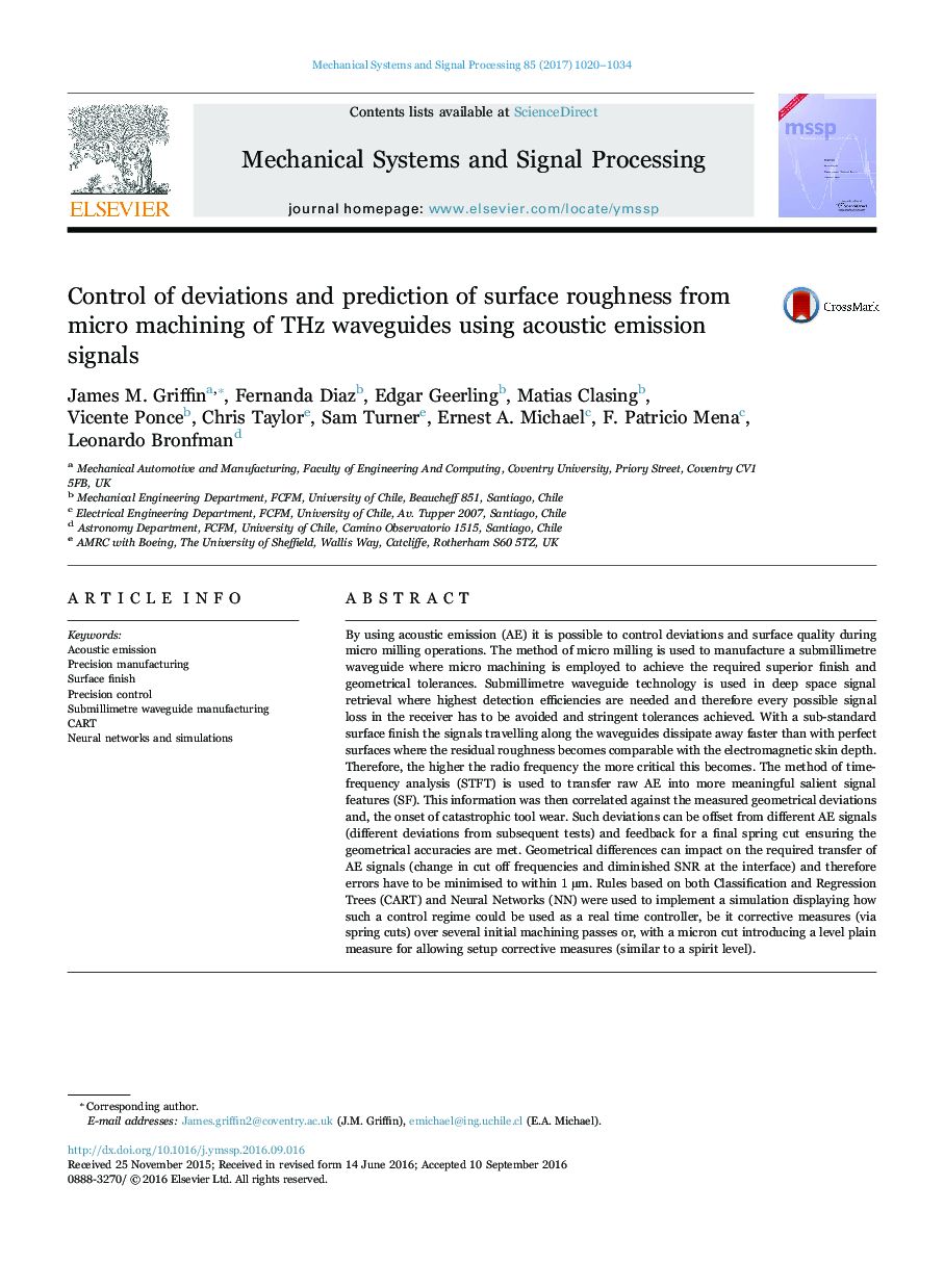 Control of deviations and prediction of surface roughness from micro machining of THz waveguides using acoustic emission signals