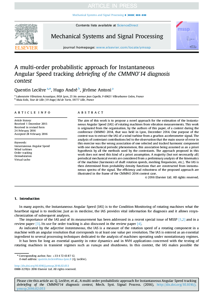 A multi-order probabilistic approach for Instantaneous Angular Speed tracking debriefing of the CMMNO×³14 diagnosis contest