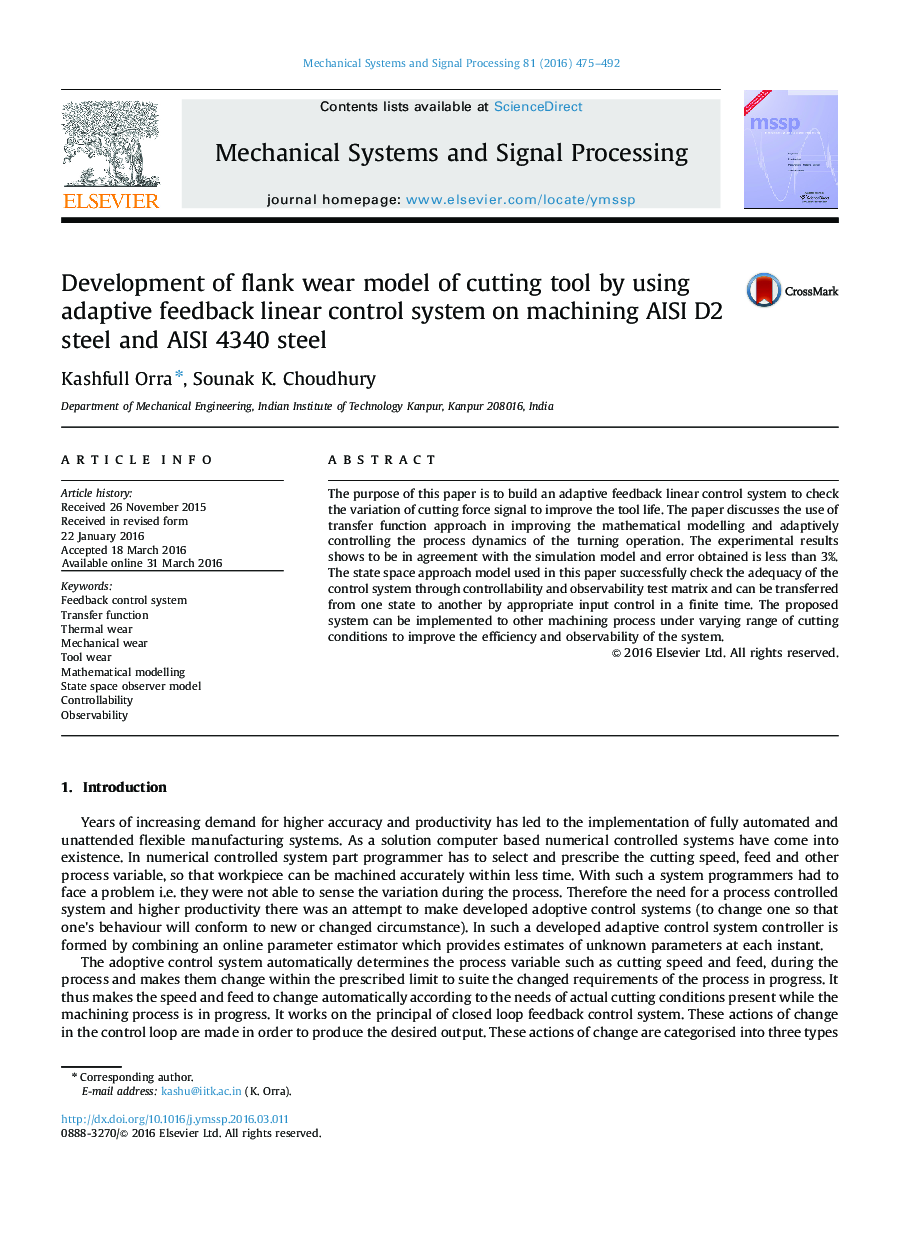 Development of flank wear model of cutting tool by using adaptive feedback linear control system on machining AISI D2 steel and AISI 4340 steel