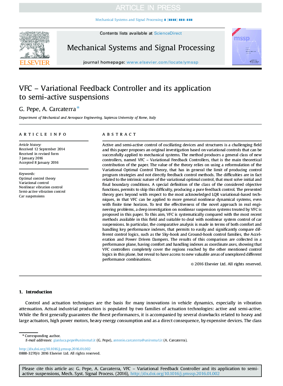 VFC - Variational Feedback Controller and its application to semi-active suspensions