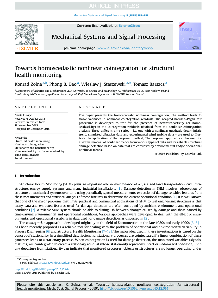 Towards homoscedastic nonlinear cointegration for structural health monitoring