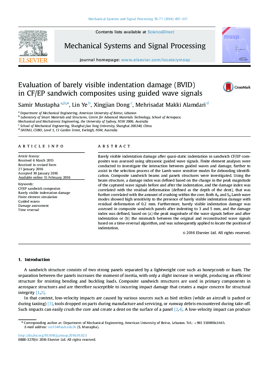 Evaluation of barely visible indentation damage (BVID) in CF/EP sandwich composites using guided wave signals