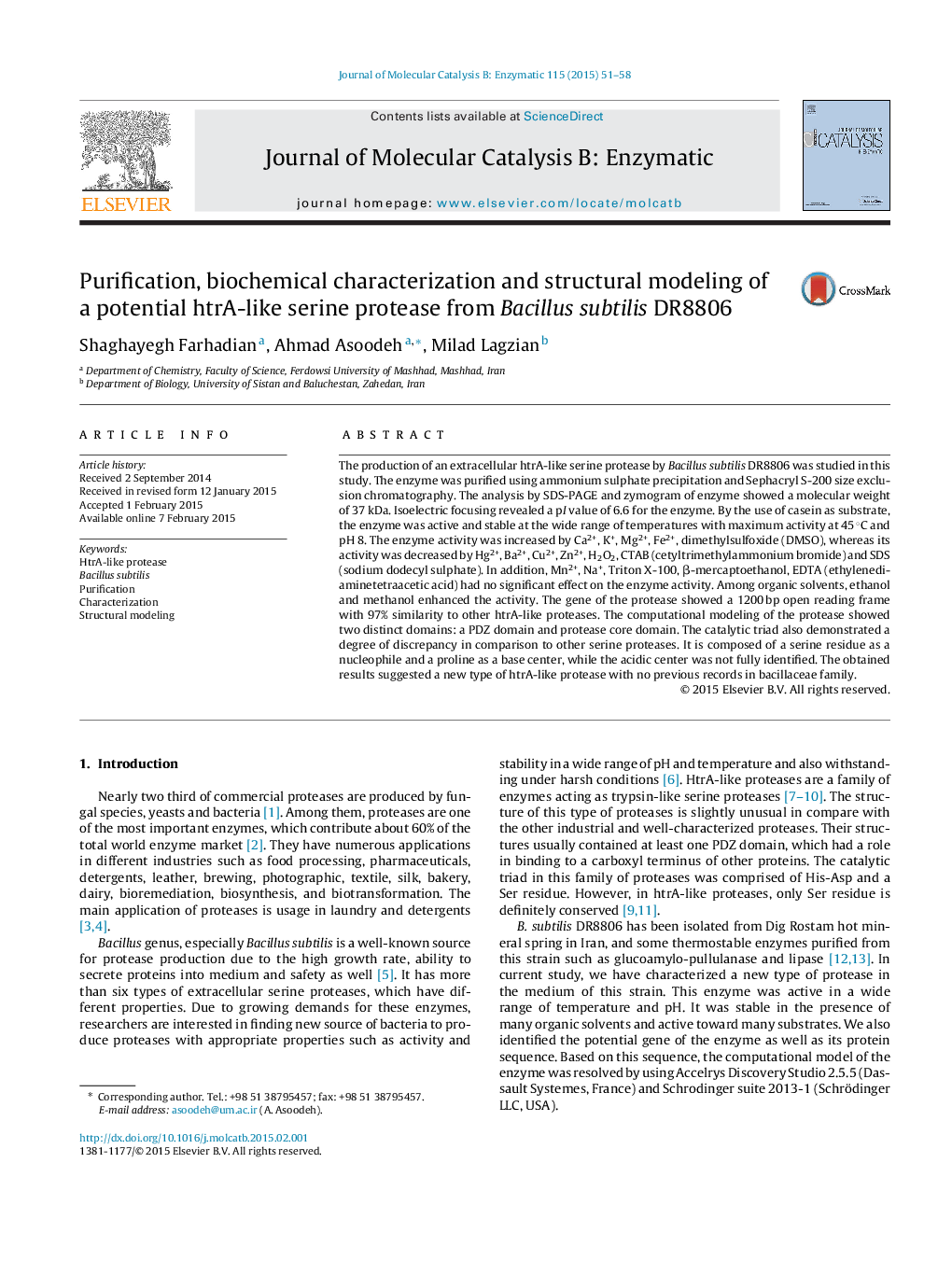 Purification, biochemical characterization and structural modeling of a potential htrA-like serine protease from Bacillus subtilis DR8806