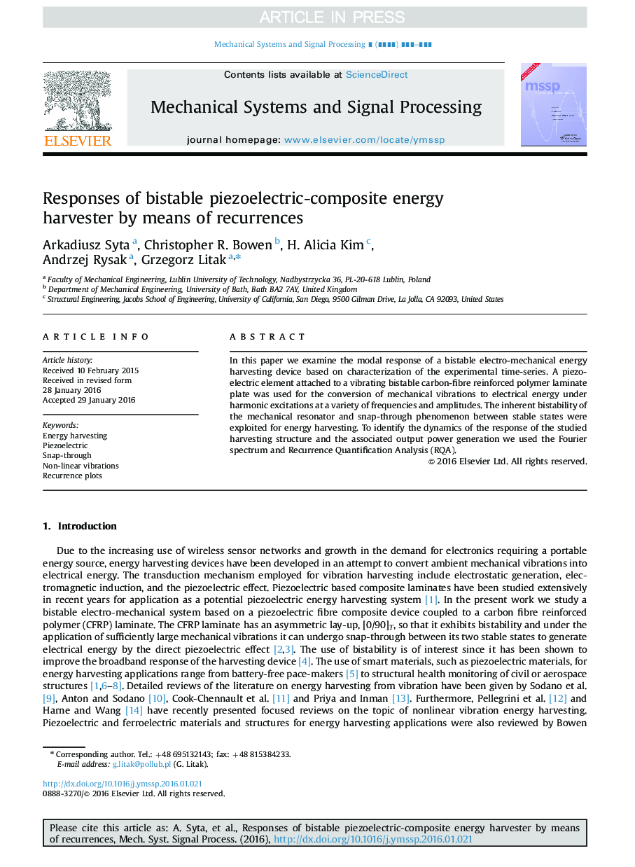 Responses of bistable piezoelectric-composite energy harvester by means of recurrences