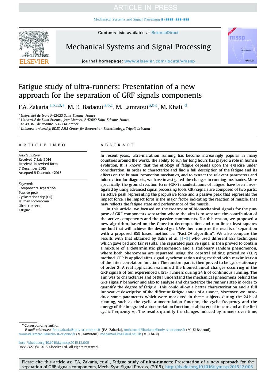 Fatigue study of ultra-runners: Presentation of a new approach for the separation of GRF signals components