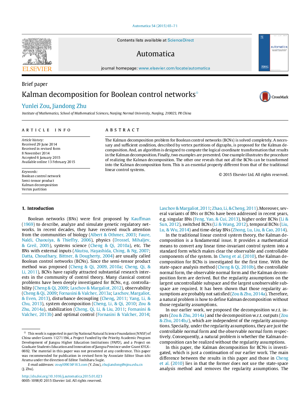 Kalman decomposition for Boolean control networks 