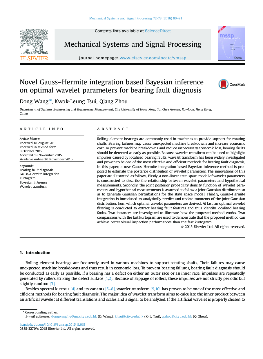 Novel Gauss-Hermite integration based Bayesian inference on optimal wavelet parameters for bearing fault diagnosis