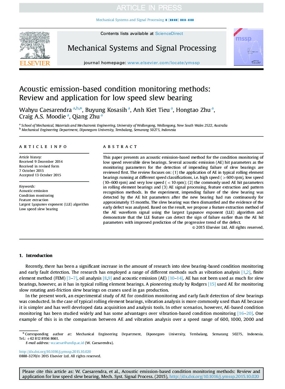 Acoustic emission-based condition monitoring methods: Review and application for low speed slew bearing