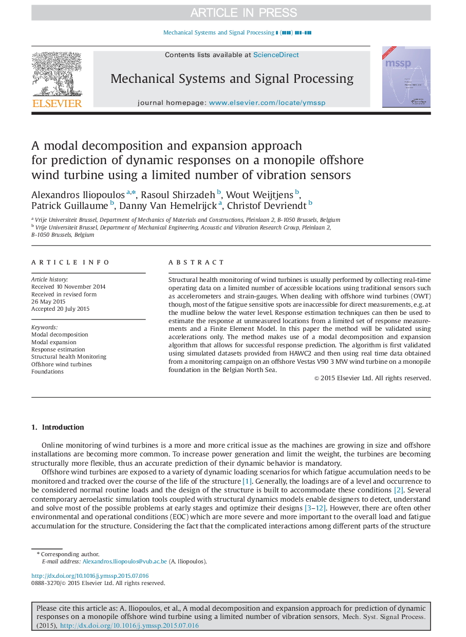 A modal decomposition and expansion approach for prediction of dynamic responses on a monopile offshore wind turbine using a limited number of vibration sensors