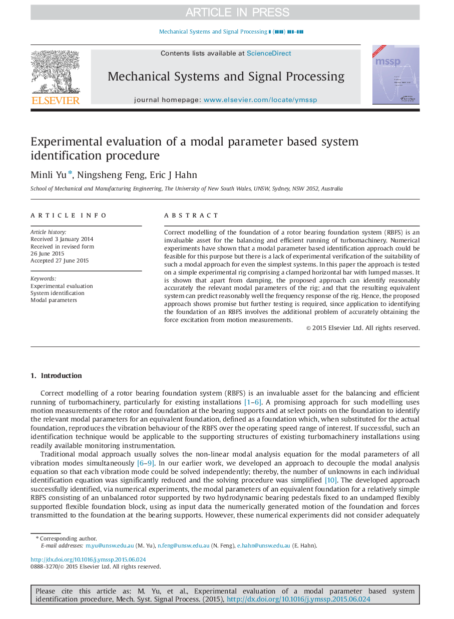 Experimental evaluation of a modal parameter based system identification procedure