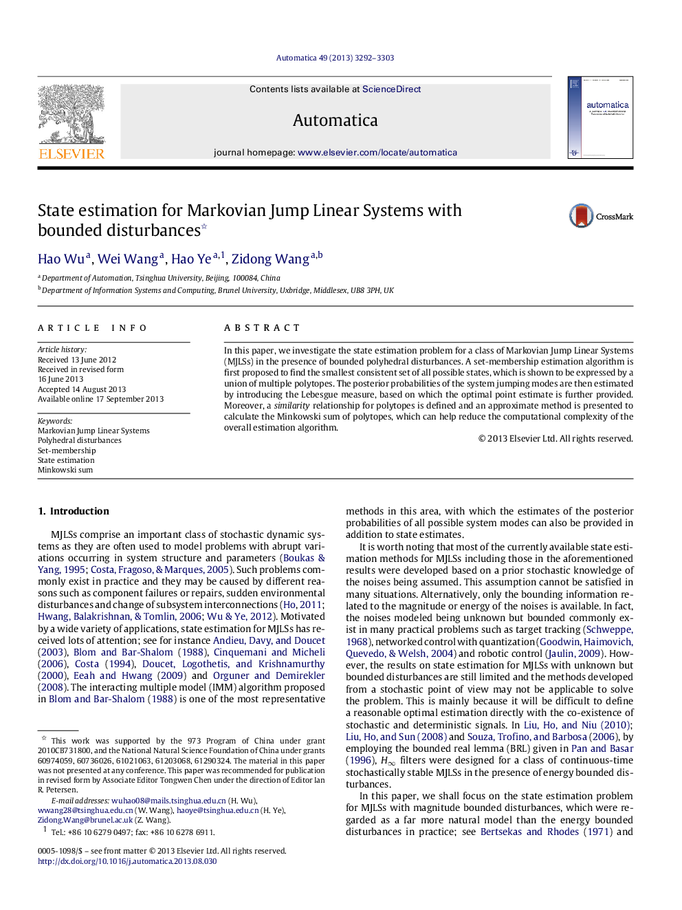 State estimation for Markovian Jump Linear Systems with bounded disturbances 