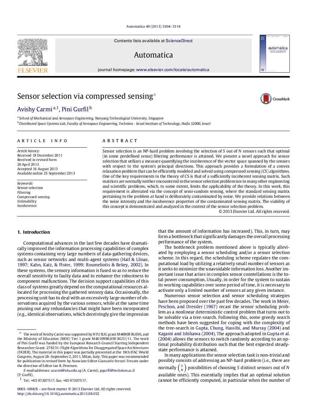 Sensor selection via compressed sensing 