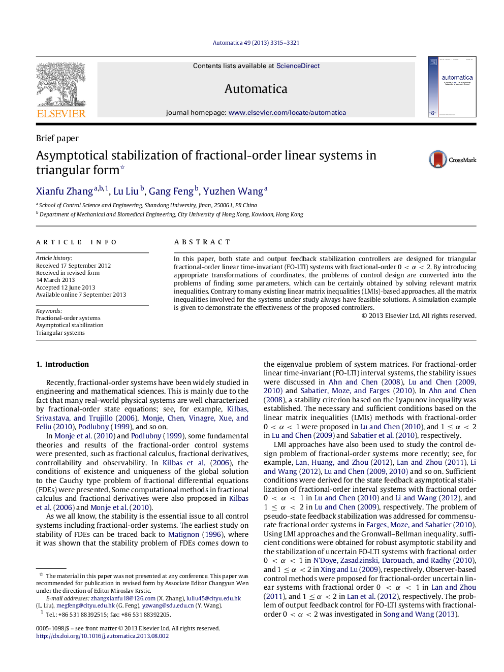 Asymptotical stabilization of fractional-order linear systems in triangular form 