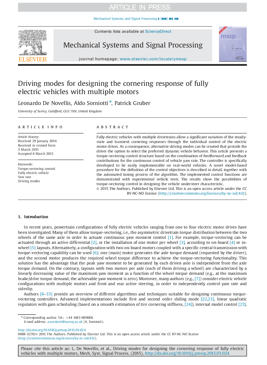 Driving modes for designing the cornering response of fully electric vehicles with multiple motors